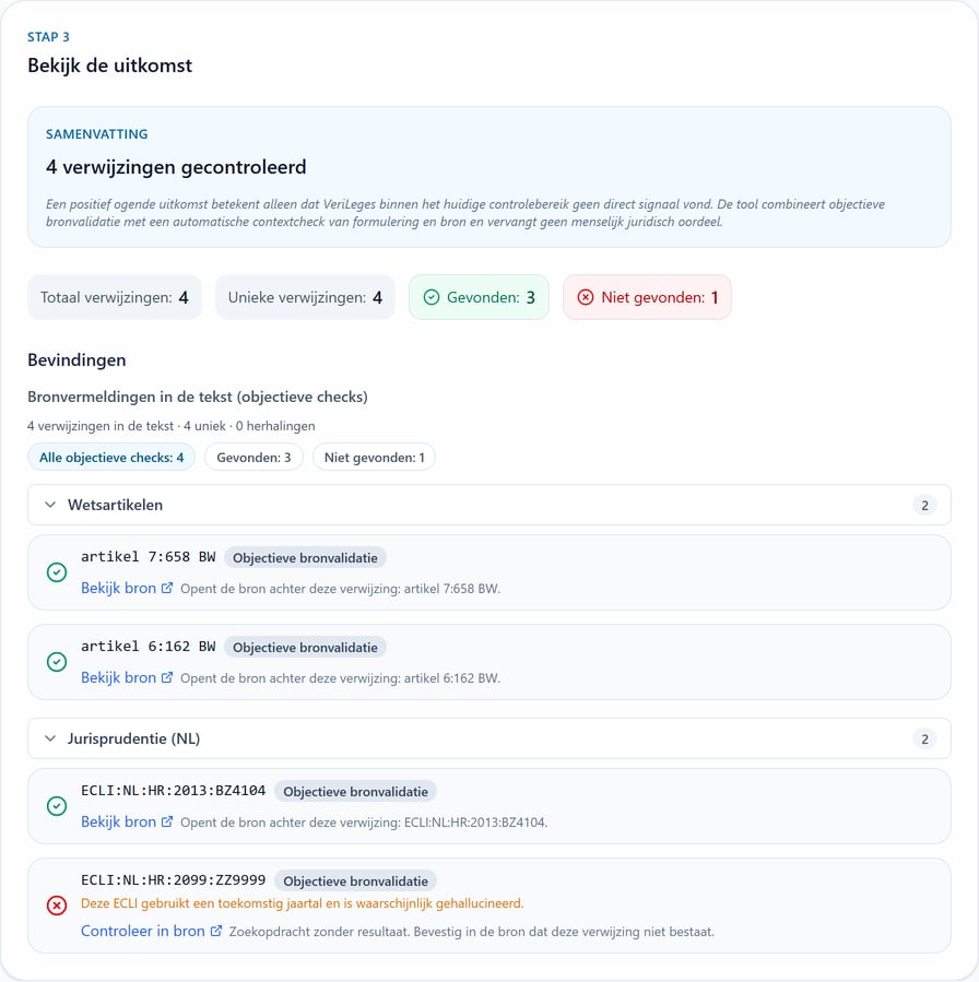 VeriLeges source check - 4 references checked, 1 fabricated ECLI rejected on app.verileges.nl